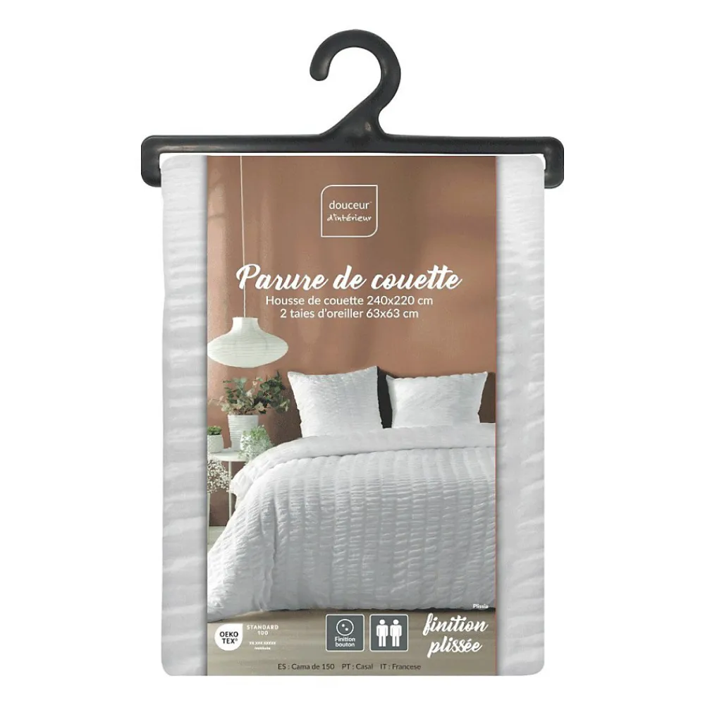 Housse de couette 240x220 + 2 taies plissée blanche>Douceur D'Intérieur Online