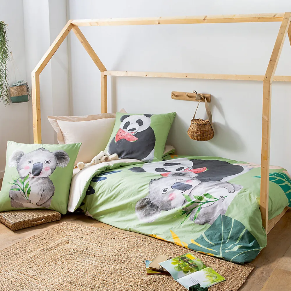 Housse de couette 140x200 cm en 100% percale de coton PANDA vert>Linnea New