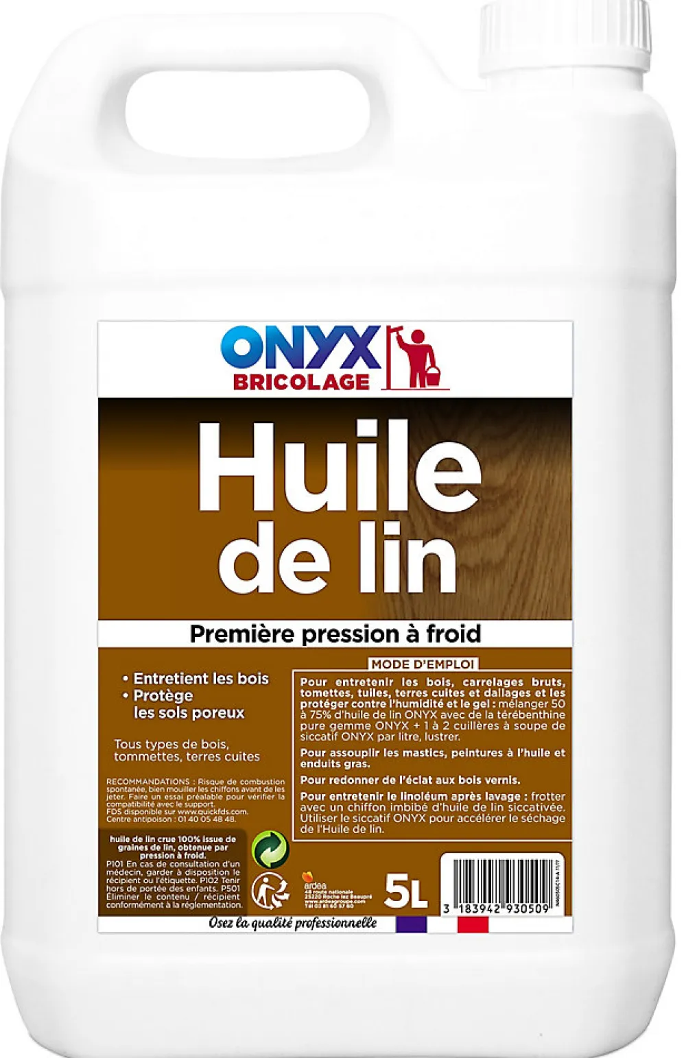 Huile de lin entretien, protection bois, carrelages, tomettes 5L>Onyx Sale