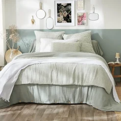 Altobuy JOEL - Chemin de Lit 90x200cm Gaze de Coton Vichy Coloris Eucalyptus* Boutis, Couvre-Lit, Édredon