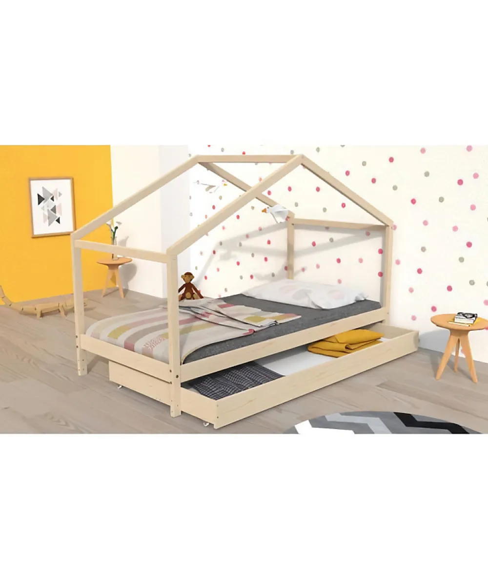 KOALA Lit cabane enfant avec tiroir - Bois pin massif - Naturel - Sommier inlcus - 90x190cm>Weber Sale