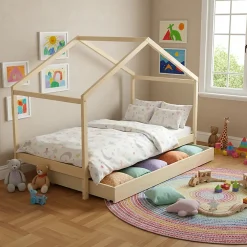 KOALA Lit cabane enfant avec tiroir - Bois pin massif - Naturel - Sommier inlcus - 90x190cm>Weber Sale
