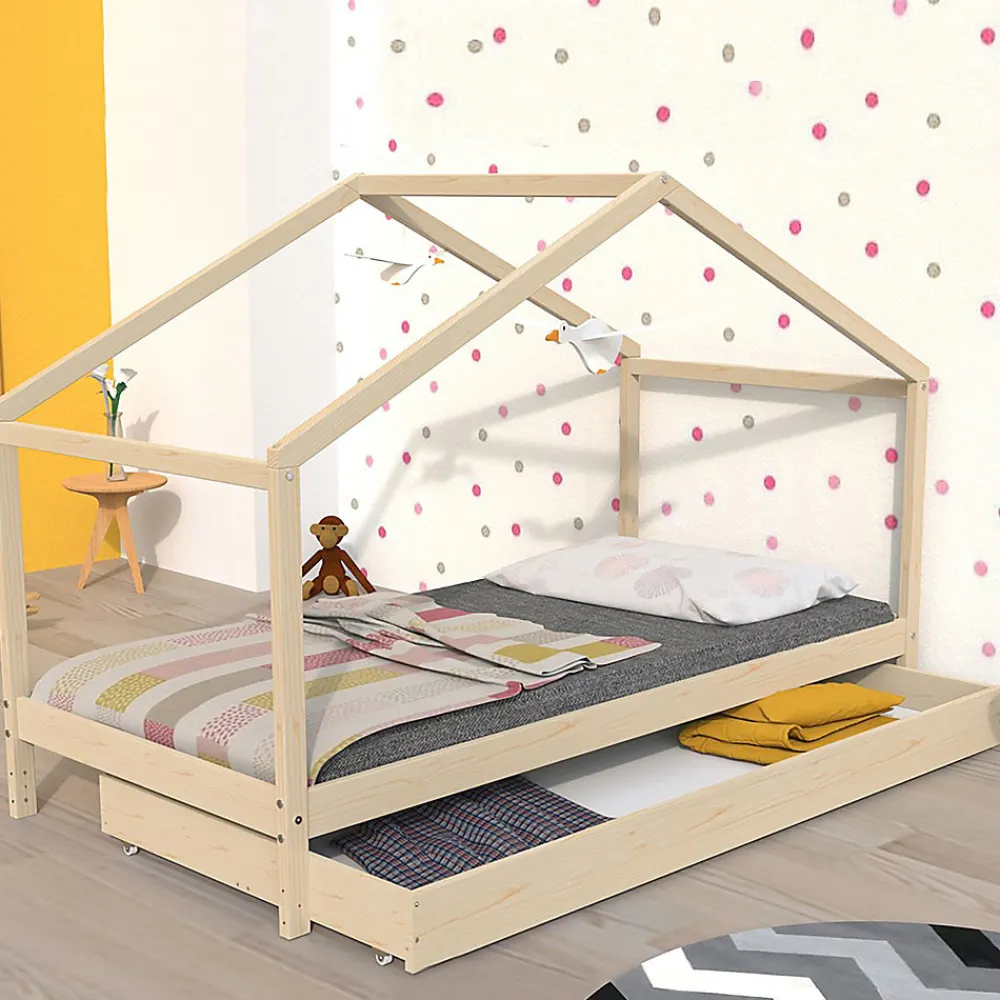KOALA Lit cabane enfant avec tiroir - Bois pin massif - Naturel - Sommier inlcus - 90x190cm>Weber Sale