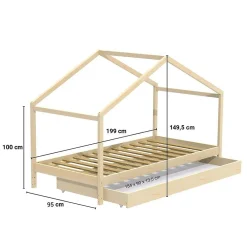 KOALA Lit cabane enfant avec tiroir - Bois pin massif - Naturel - Sommier inlcus - 90x190cm><noscript><img width=