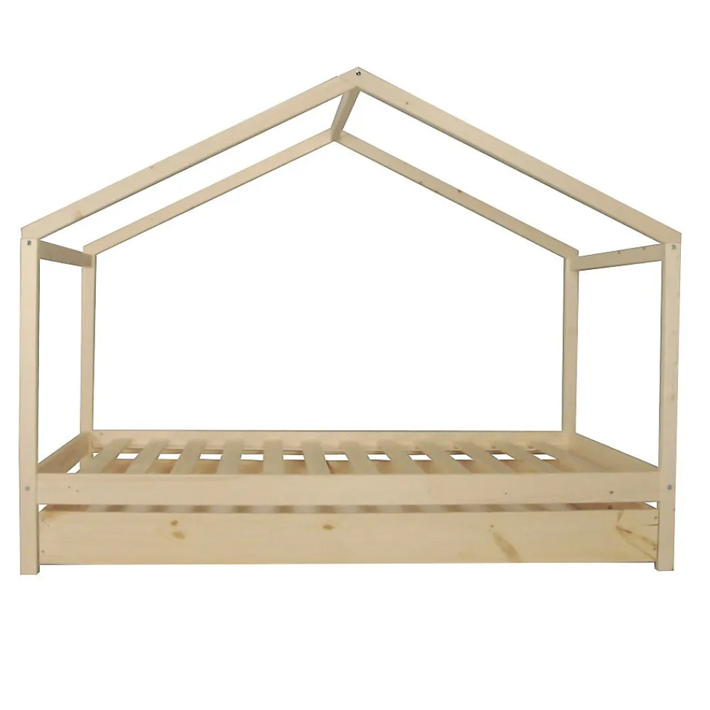 KOALA Lit cabane enfant avec tiroir - Bois pin massif - Naturel - Sommier inlcus - 90x190cm>Weber Sale