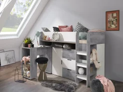 Abiks Meble KONKRET 1 Lit superposé 203,3/125/106,6 (béton/blanc)*Enfant Lit Enfant