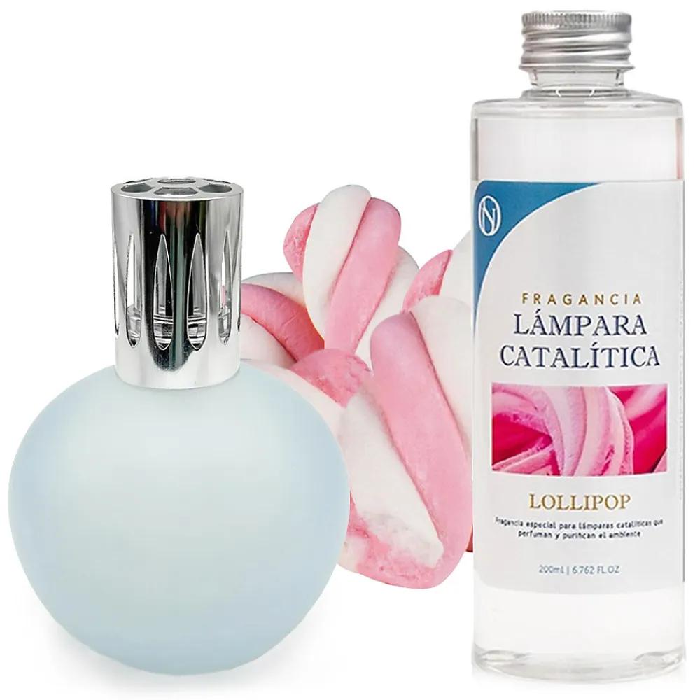 Mamamanuela Lampe catalytique Bleu Gris Mat + Parfum Lollipop 200 ml - Élimine les mauvaises odeurs, parfume et améliore la qualité de l'air* Désodorisant Et Parfum D'Ambiance