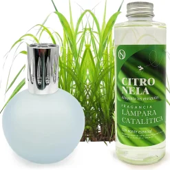 Mamamanuela Lampe catalytique Bleu-Gris Mat + Parfum Citronnelle 500 ml - Élimine mauvaises odeurs, parfume et améliore la qualité de l'air* Désodorisant Et Parfum D'Ambiance