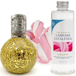Mamamanuela Lampe catalytique Mosaïque Doré + Parfum Lollipop 200 ml - Élimine les mauvaises odeurs, parfume et améliore la qualité de l'air* Désodorisant Et Parfum D'Ambiance