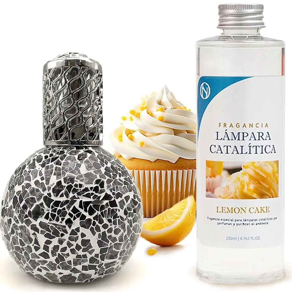 Mamamanuela Lampe catalytique Mosaïque Noir + Parfum Lemon Cake 200 ml - Élimine les mauvaises odeurs, parfume et améliore la qualité de l'air* Désodorisant Et Parfum D'Ambiance