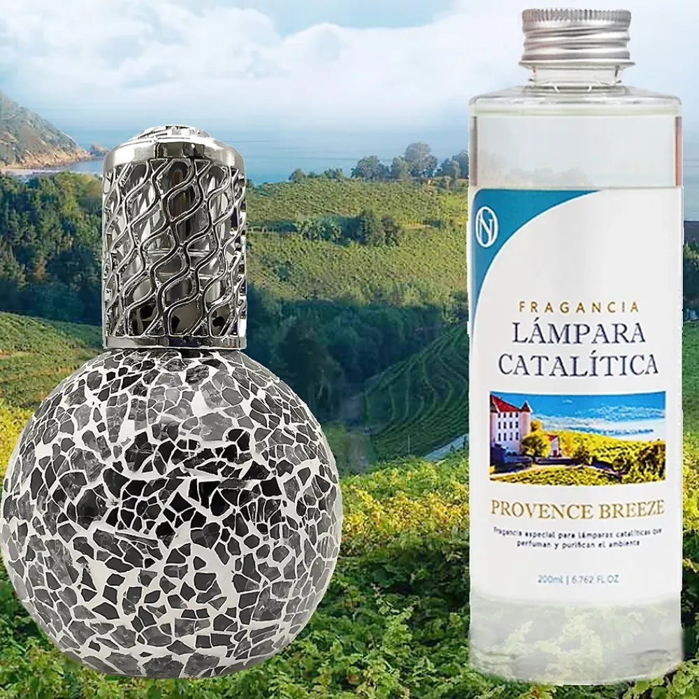 Mamamanuela Lampe catalytique Mosaïque Noir + Parfum Provence Breeze 500 ml - Élimine mauvaises odeurs, parfume et améliore qualité de l'air* Désodorisant Et Parfum D'Ambiance