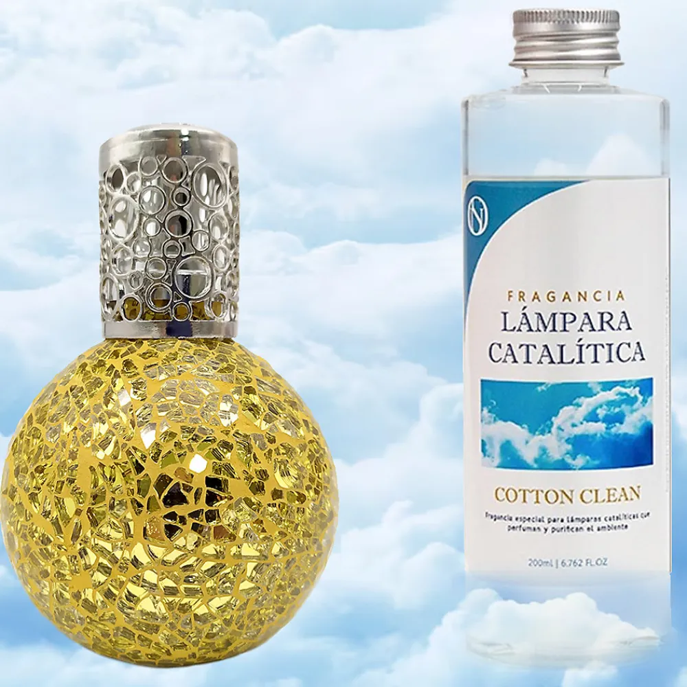Lampe catalytique Mosaïque Doré + Parfum Cotton Clean 200 ml - Élimine mauvaises odeurs, parfume et améliore la qualité de l'air>Mamamanuela Online