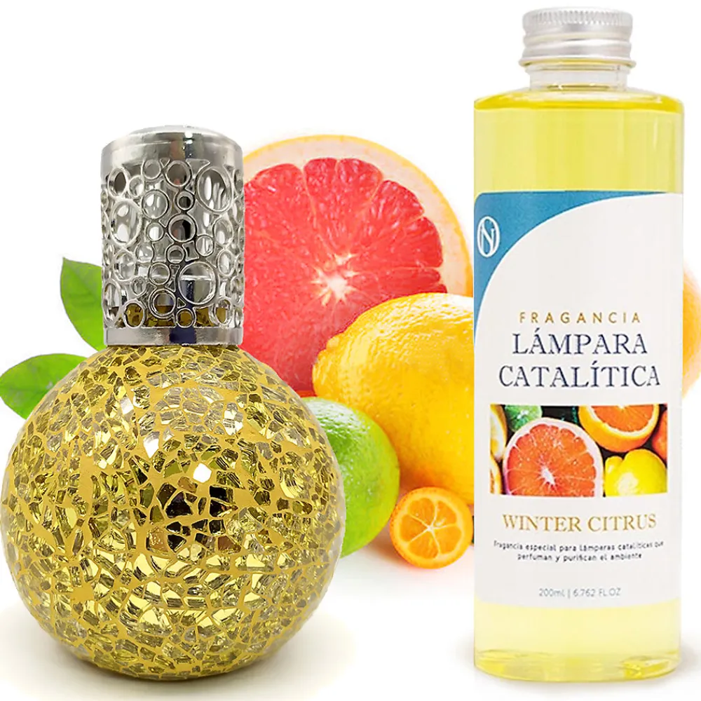 Lampe catalytique Mosaïque Doré + Arôme Winter Citrus 500 ml - Élimine mauvaises odeurs, parfume et améliore la qualité de l'air>Mamamanuela Outlet