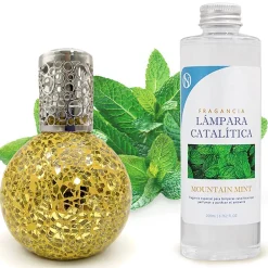 Lampe catalytique Mosaïque Doré + Arôme Mountain Mint 200 ml - Élimine mauvaises odeurs, parfume et améliore la qualité de l'air>Mamamanuela Hot