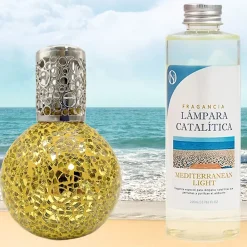 Mamamanuela Lampe catalytique Mosaïque Doré + Parfum Mediterranean Light 500ml. Élimine mauvaises odeurs, parfume et améliore qualité de l'air* Désodorisant Et Parfum D'Ambiance