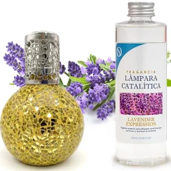 Mamamanuela Lampe catalytique Mosaïque Doré + Parfum Lavender Expression 200 ml. Élimine mauvaises odeurs, parfume et améliore qualité de air* Désodorisant Et Parfum D'Ambiance