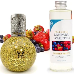 Mamamanuela Lampe catalytique Mosaïque Doré + Arôme Summer Fruits 500 ml - Élimine mauvaises odeurs, parfume et améliore la qualité de l'air* Désodorisant Et Parfum D'Ambiance