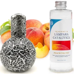 Mamamanuela Lampe catalytique Mosaïque Noir + Parfum Peach Velvet 500 ml - Élimine mauvaises odeurs, parfume et améliore qualité de l'air* Désodorisant Et Parfum D'Ambiance