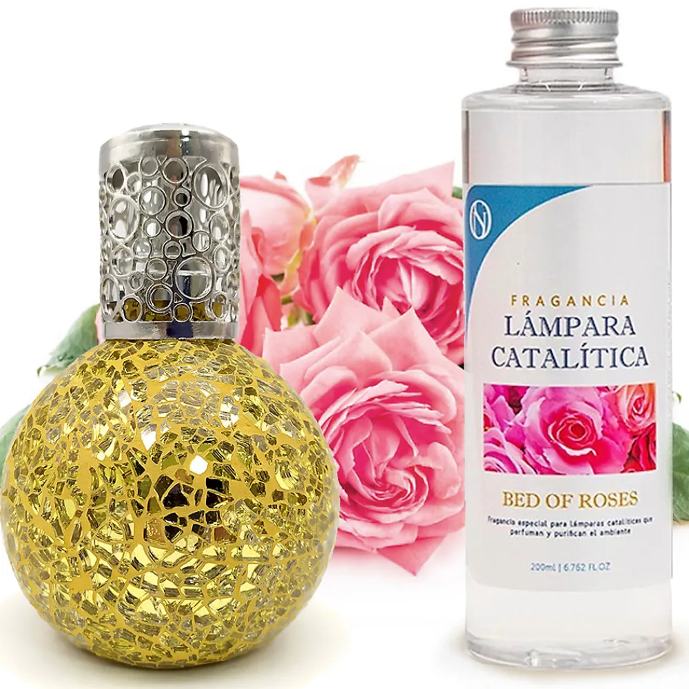 Lampe catalytique Mosaïque Doré + Parfum Bed of Roses 200 ml - Élimine mauvaises odeurs, parfume et améliore la qualité de l'air>Mamamanuela Hot