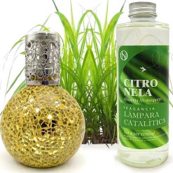 Mamamanuela Lampe catalytique Mosaïque Doré + Parfum Citronnelle 500 ml - Élimine mauvaises odeurs, parfume et améliore la qualité de l'air* Désodorisant Et Parfum D'Ambiance