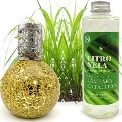 Lampe catalytique Mosaïque Doré + Parfum Citronnelle 200 ml - Élimine mauvaises odeurs, parfume et améliore la qualité de l'air>Mamamanuela New
