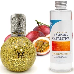 Lampe catalytique Mosaïque Doré + Parfum Caribbean Passion 200 ml - Élimine mauvaises odeurs, parfume et améliore qualité de l'air>Mamamanuela Online