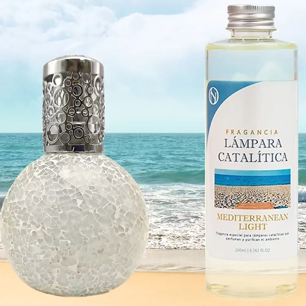 Mamamanuela Lampe catalytique Mosaïque Blanc + Parfum Mediterranean Light 500ml. Élimine mauvaises odeurs, parfume et améliore qualité de air* Désodorisant Et Parfum D'Ambiance