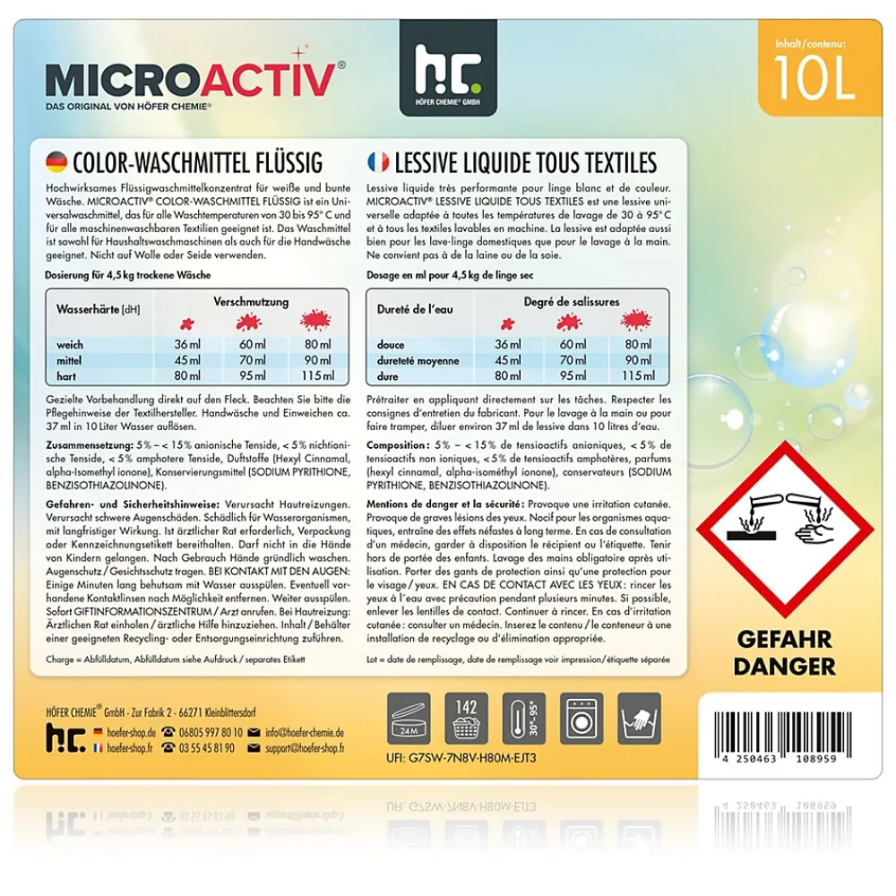 Höfer Chemie Lessive Liquide Microactiv 60 L Puissante Pour Blanc Et Couleurs, Se Dissout Facilement* Nettoyant Pour Salle De Bains