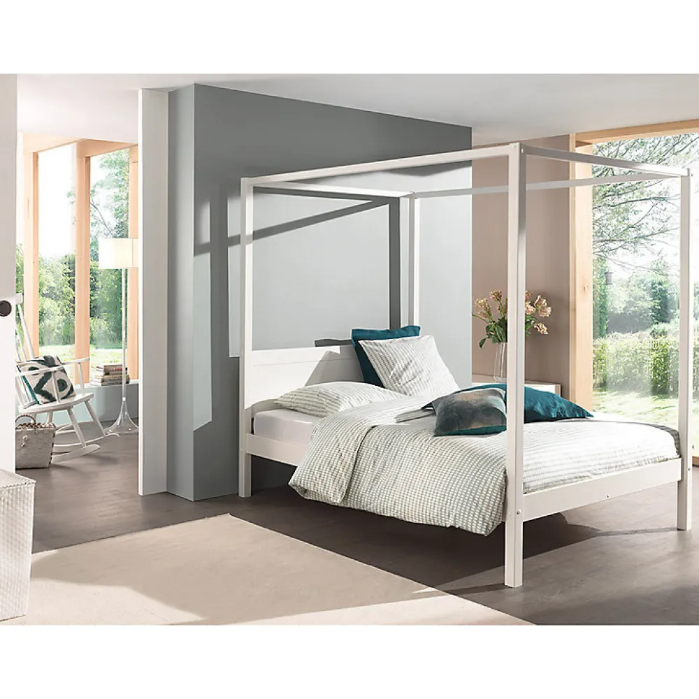 Lit à baldaquin 140x200 Sommier Inclus Vipack Pino - Blanc>Petits-Meubles