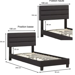Lit 1 place FLORIDA, 90 x 190 cm, capitonné avec sommier, revêtement en tissu noir><noscript><img width=