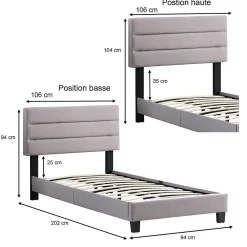 Lit 1 place FLORIDA, 90 x 190 cm, capitonné avec sommier, revêtement en tissu gris><noscript><img width=