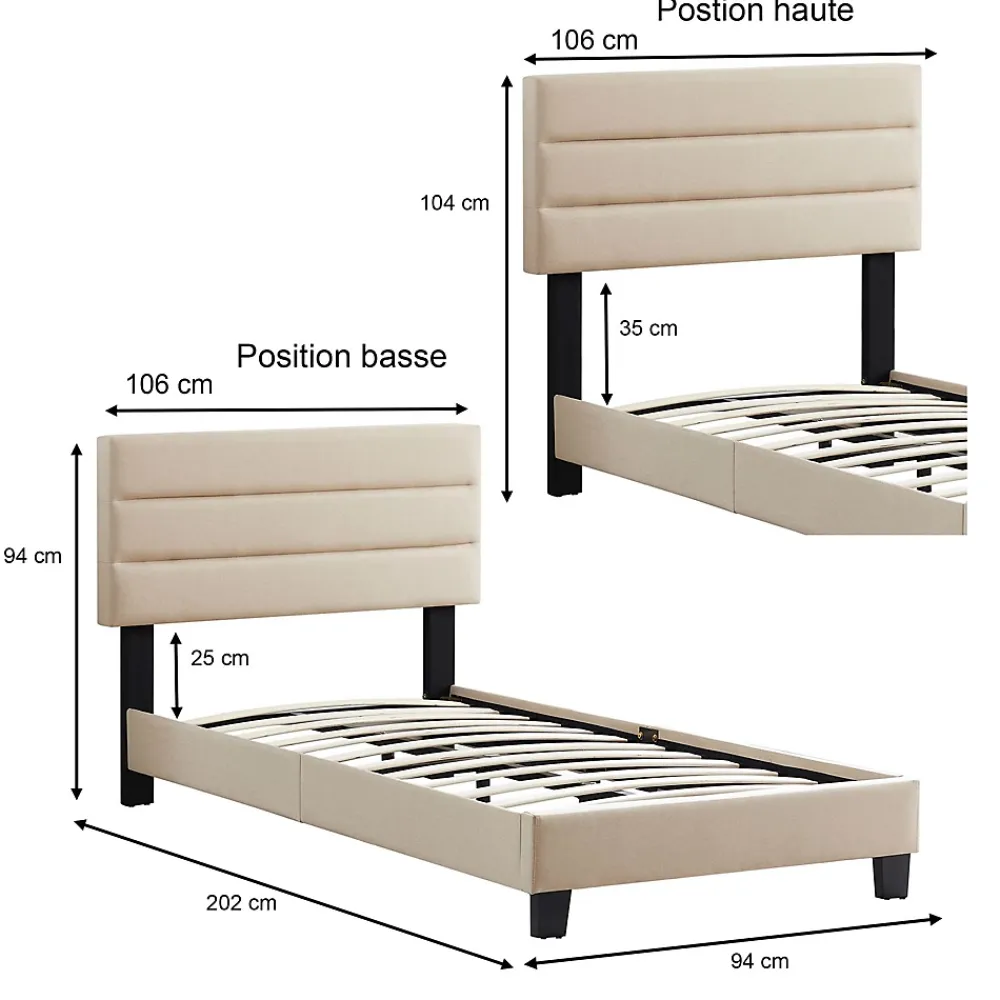 Idimex Lit 1 place FLORIDA, 90 x 190 cm, capitonné avec sommier, revêtement en tissu beige* Lit Simple