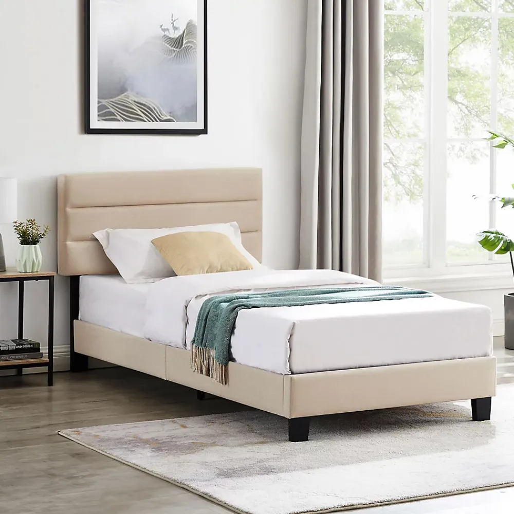 Idimex Lit 1 place FLORIDA, 90 x 190 cm, capitonné avec sommier, revêtement en tissu beige* Lit Simple