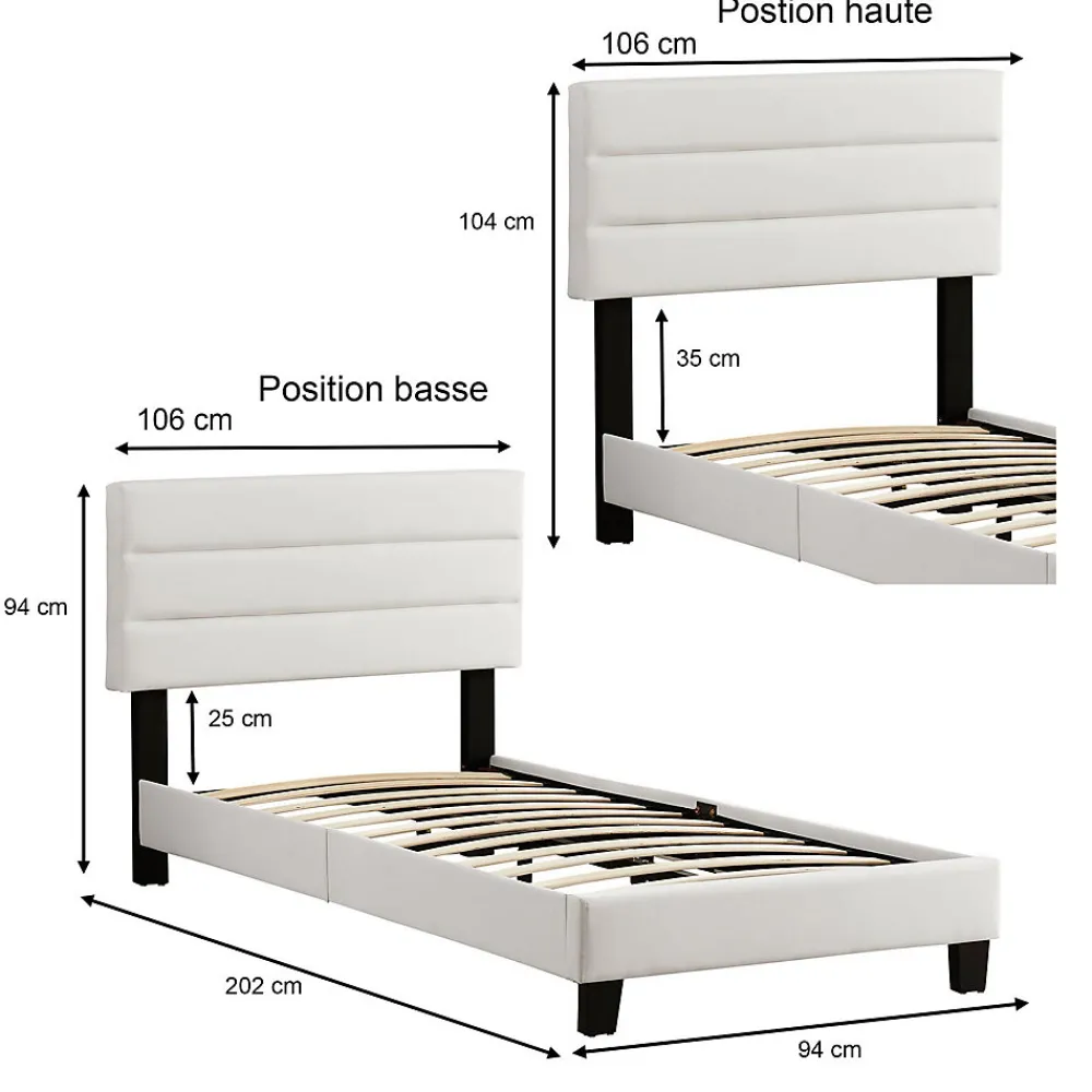 Lit 1 place HUDSON, 90 x 190 cm, capitonné avec sommier, revêtement synthétique blanc>Idimex Sale