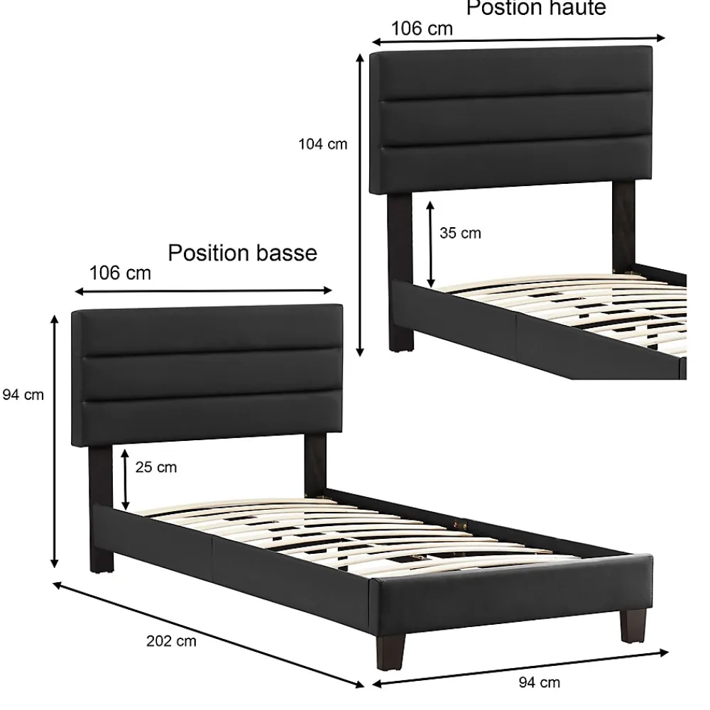 Idimex Lit 1 place HUDSON, 90 x 190 cm, capitonné avec sommier, revêtement synthétique noir* Lit Simple