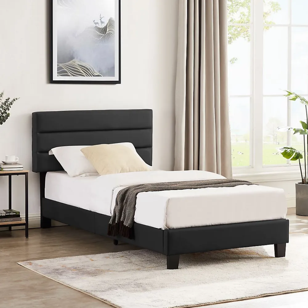 Idimex Lit 1 place HUDSON, 90 x 190 cm, capitonné avec sommier, revêtement synthétique noir* Lit Simple