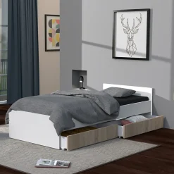 Lit 1 place 90x190cm blanc KIAPA Blanc inclus sommier et 2 tiroirs Chêne pour rangement>Bb Loisir Discount