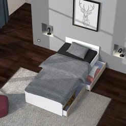 Lit 1 place 90x190cm blanc KIAPA Blanc inclus sommier et 2 tiroirs Chêne pour rangement><noscript><img width=