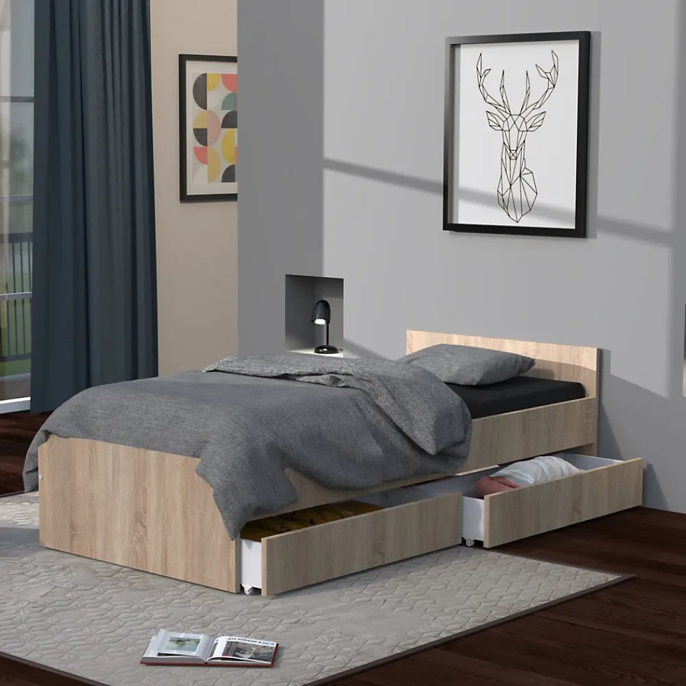 Lit 1 place 90x190cm blanc KIAPA couleur chêne inclus sommier et 2 tiroirs pour rangement>Bb Loisir Hot