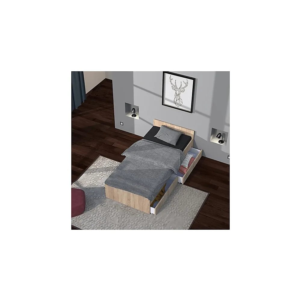 Lit 1 place 90x190cm blanc KIAPA couleur chêne inclus sommier et 2 tiroirs pour rangement>Bb Loisir Hot