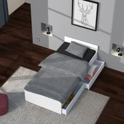 Lit 1 place 90x190cm blanc KIAPA Blanc inclus sommier et 2 tiroirs pour rangement><noscript><img width=