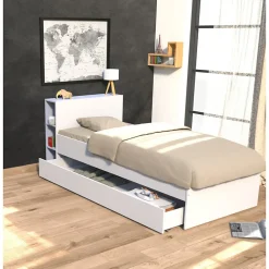 Lit 1 place 90x190cm blanc ROGO inclus tete de lit avec étageres>Bb Loisir Discount