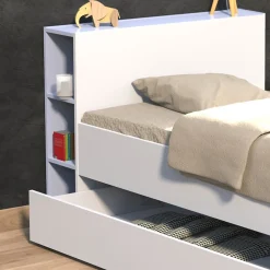 Lit 1 place 90x190cm blanc ROGO inclus tete de lit avec étageres><noscript><img width=