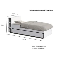 Lit 1 place 90x190cm blanc ROGO inclus tete de lit avec étageres><noscript><img width=