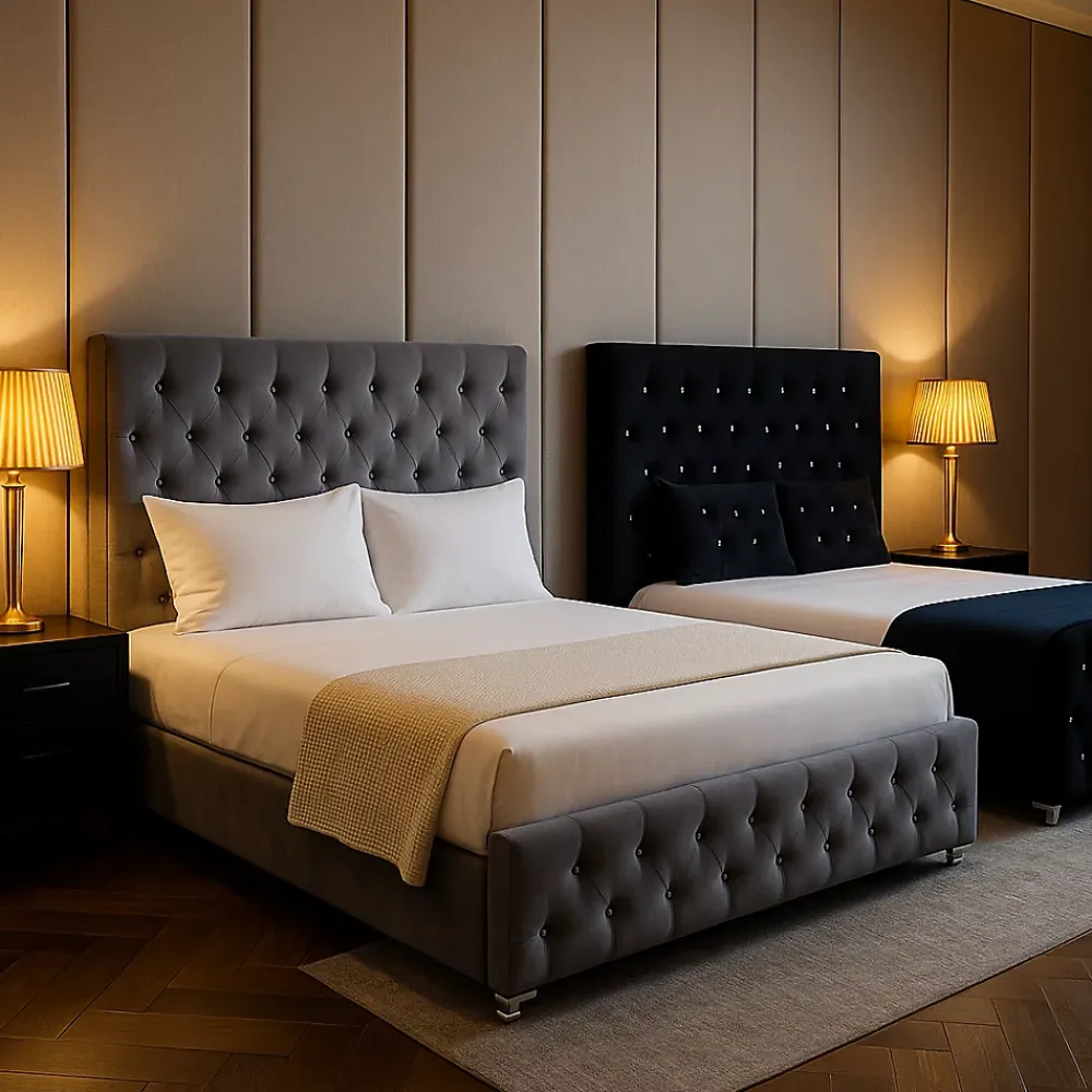 Protocole Home Lit 2 places PRESTIGE velours capitonné 140x190 cm avec sommier à lattes* Lit Double