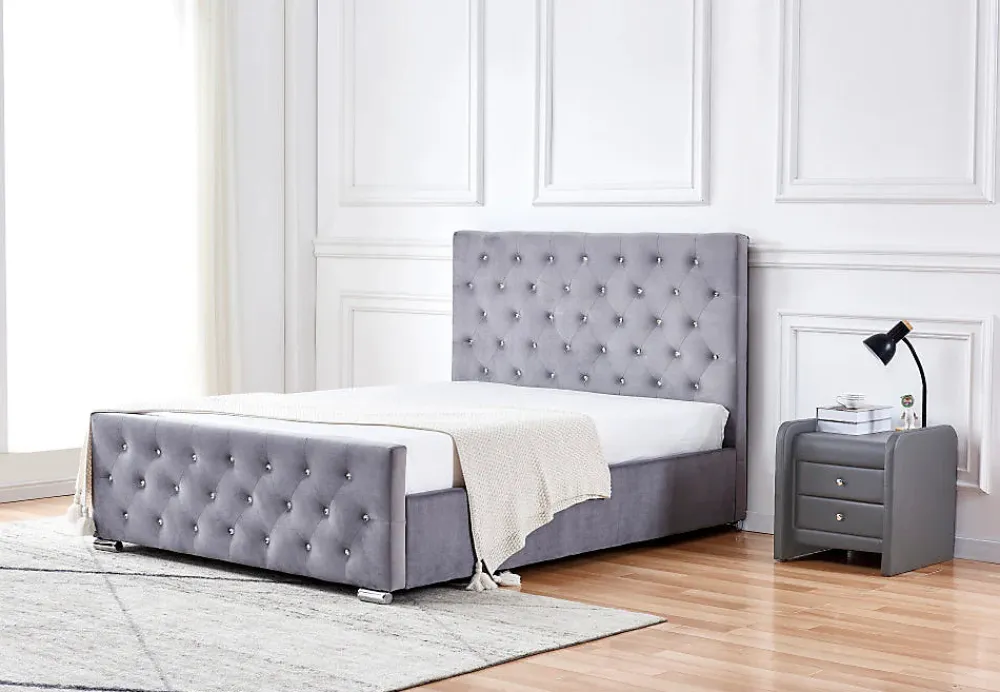 Protocole Home Lit 2 places PRESTIGE velours capitonné 140x190 cm avec sommier à lattes* Lit Double