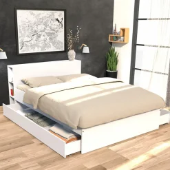 Lit 2 places 140x190cm Blanc ROGO inclus sommier et tete de lit avec étageres et 2 tiroirs>Bb Loisir Online
