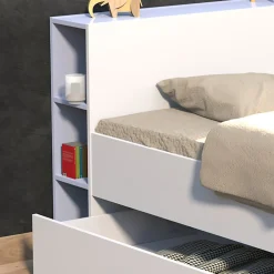 Lit 2 places 140x190cm Blanc ROGO inclus sommier et tete de lit avec étageres et 2 tiroirs><noscript><img width=