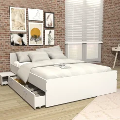 Lit 2 places 140x190cm Blanc TIDO inclus sommier, 1 chevet et 1 tiroir pour rangement>Bb Loisir