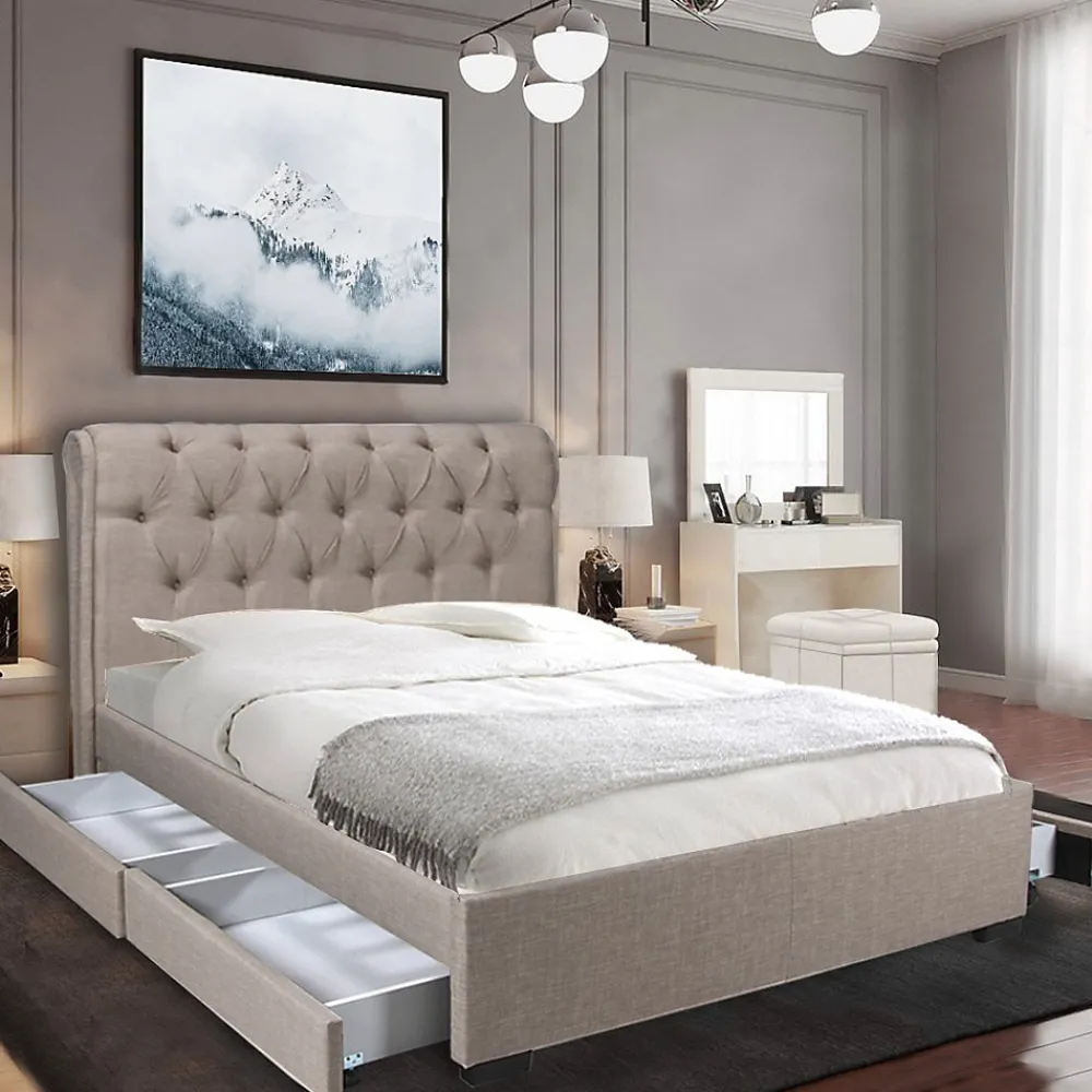 Lit 2 places 160x200cm CHALIN beige avec tête de lit inclus sommier et 4 tiroirs pour rangement>Bb Loisir Outlet